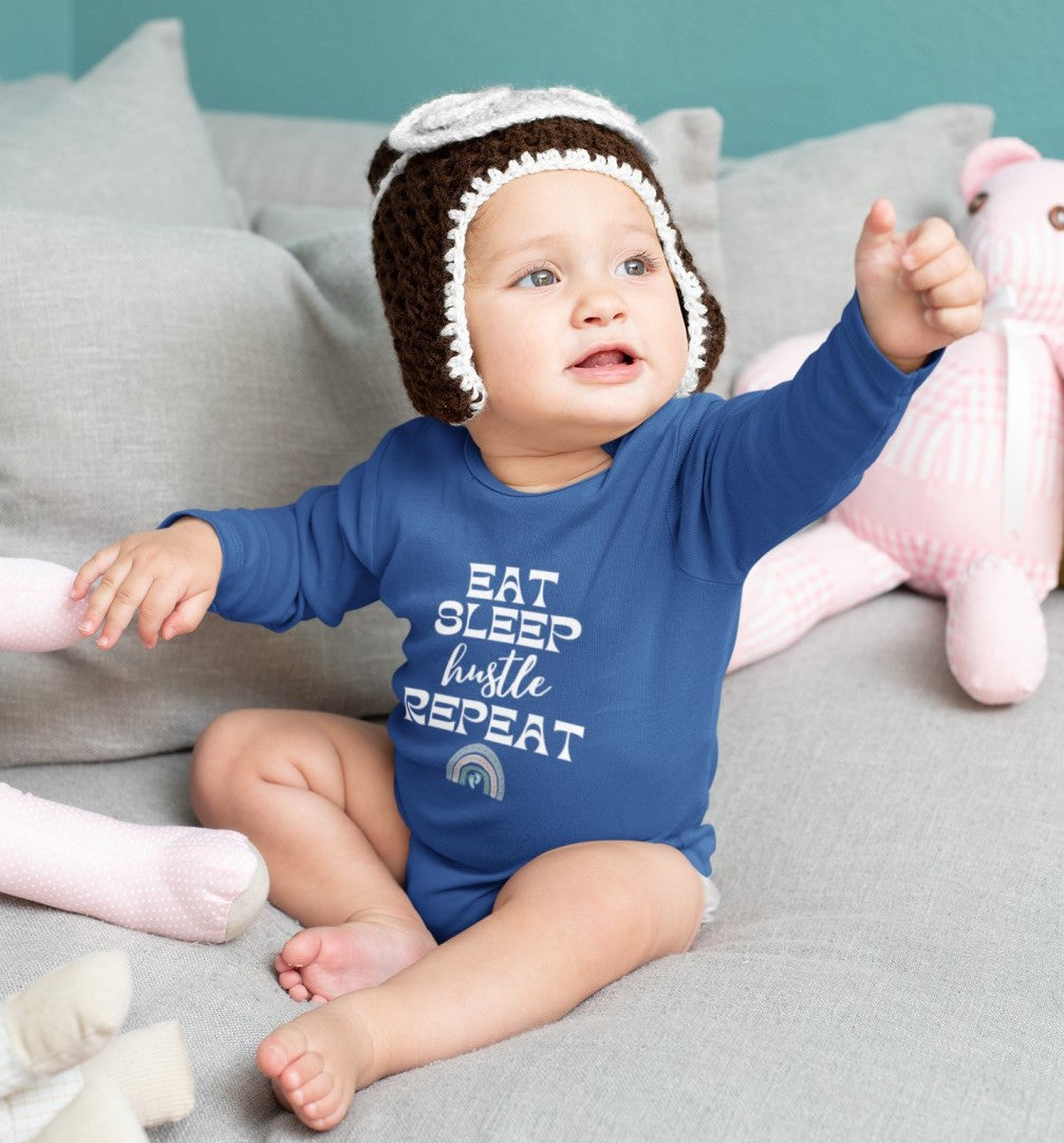 long sleeve onsie eat sleep hustle repeat-blue