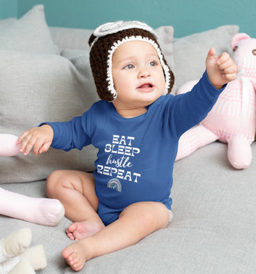 long sleeve onsie eat sleep hustle repeat-blue